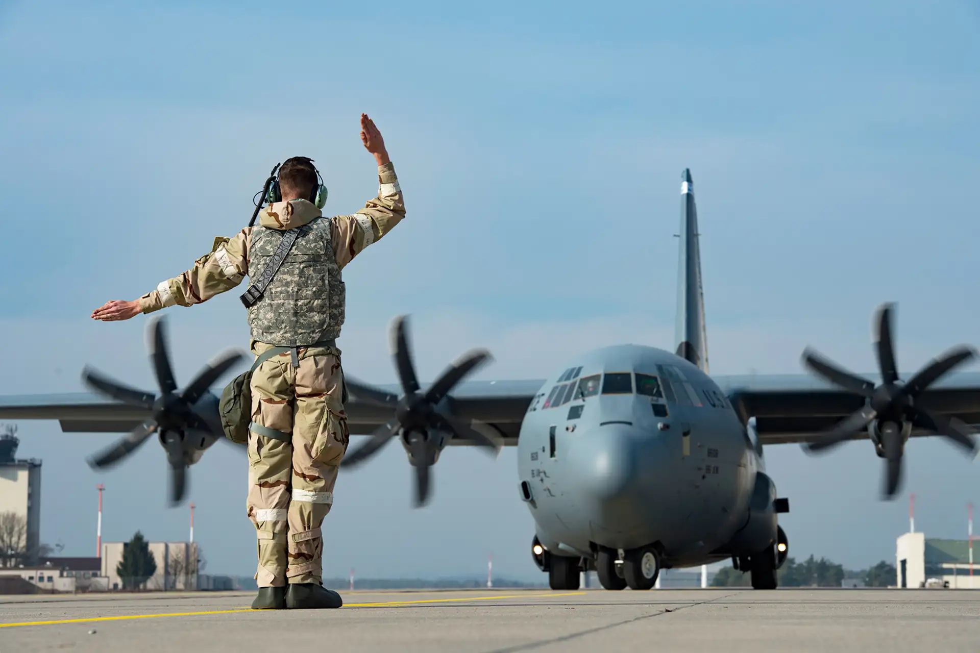 Crew chief launching a C-130J Super Hercules